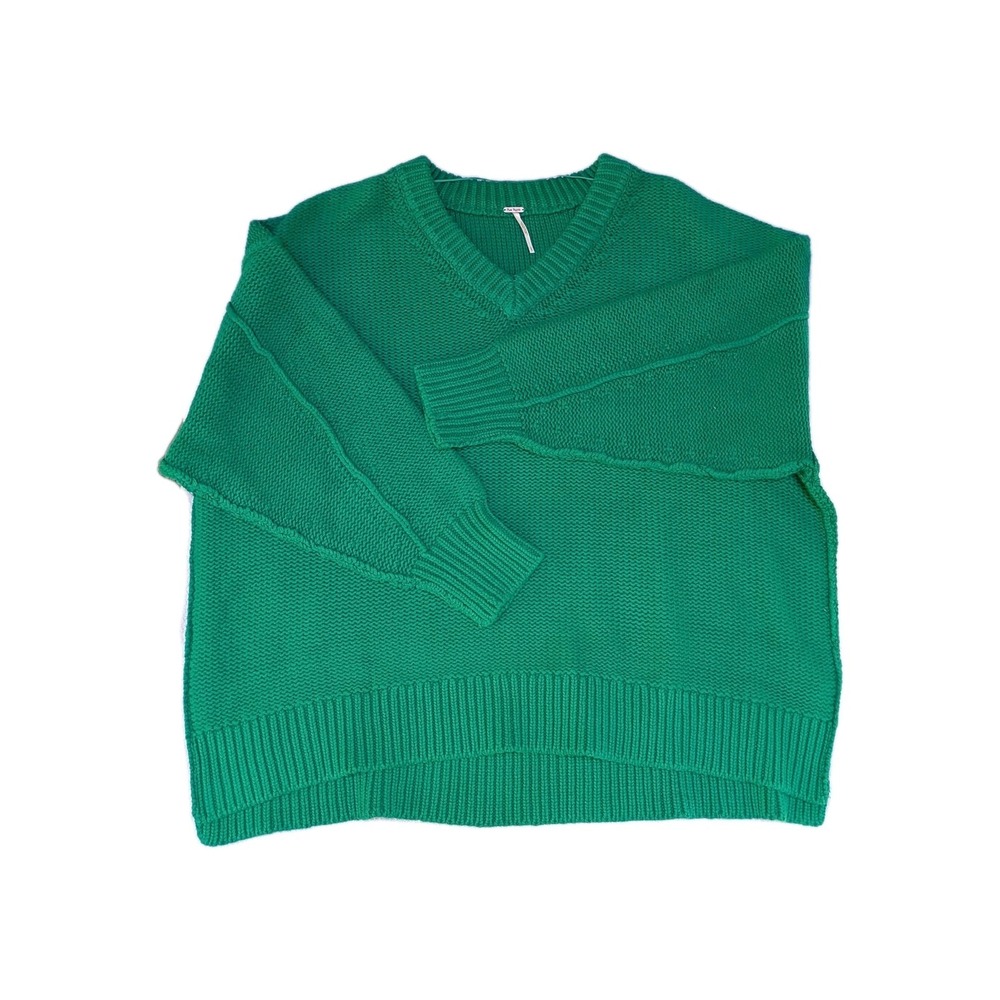Free People Alli V-Neck Sweater Heavyweight Oversized Green Size L OB1626643